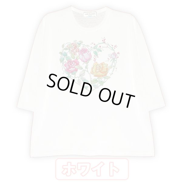 手描き立体フラワープリント「レディースシルケット七分袖Tシャツ