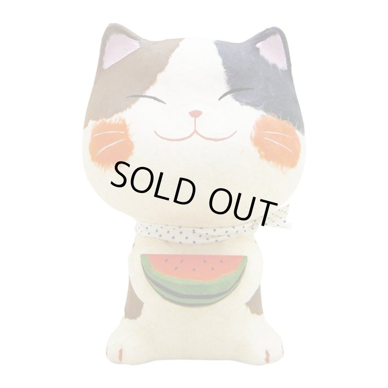 画像2: 卓上和のインテリア小物「ちぎり和紙 幸せ多良福スイカねこ」 (2)