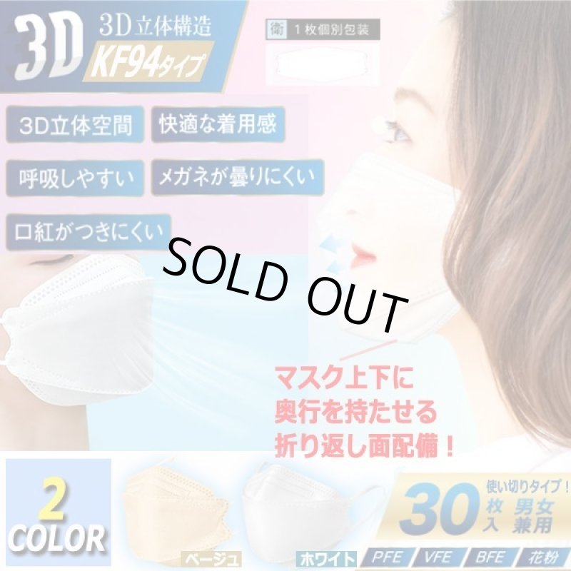 画像5: 送料無料！接触冷感KF94タイプ3D立体不織布マスク高機能99％カットフィルター2BOX（計60枚）セット (5)