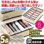 画像1: 炭消臭！引き出しスッキリ整頓仕切り収納ボックス6ポケット[5点] (1)