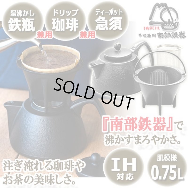 画像1: 岩鋳南部鉄器IH対応コーヒードリッパー付鉄瓶兼用急須（肌模様/0.75L） (1)