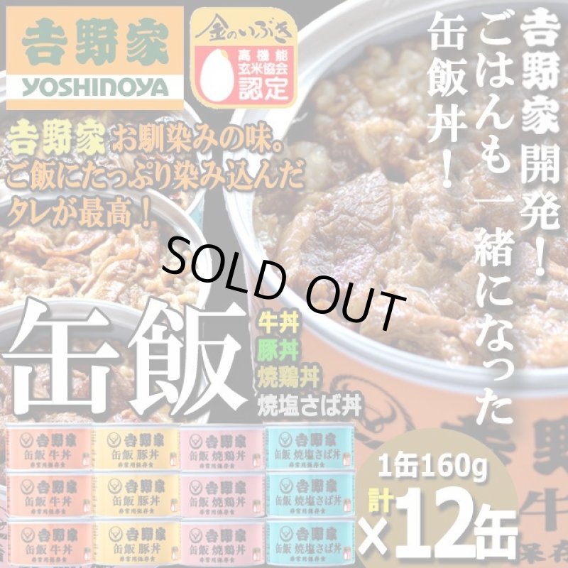 画像1: 吉野家 缶飯「牛丼・豚丼・焼鶏丼・焼塩さば丼各160g」計12缶セット (1)