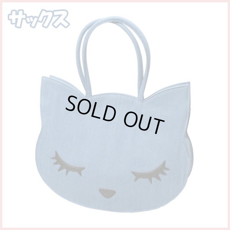 画像2: プーちゃんフェイスデニムトート (鞄,手提げ,ネコ,ねこ,猫,顔,BAG,カジュアル,タフ,コットン,キャンバス,スマホポケット) (2)
