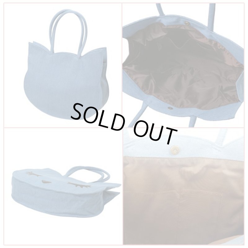画像5: プーちゃんフェイスデニムトート (鞄,手提げ,ネコ,ねこ,猫,顔,BAG,カジュアル,タフ,コットン,キャンバス,スマホポケット) (5)