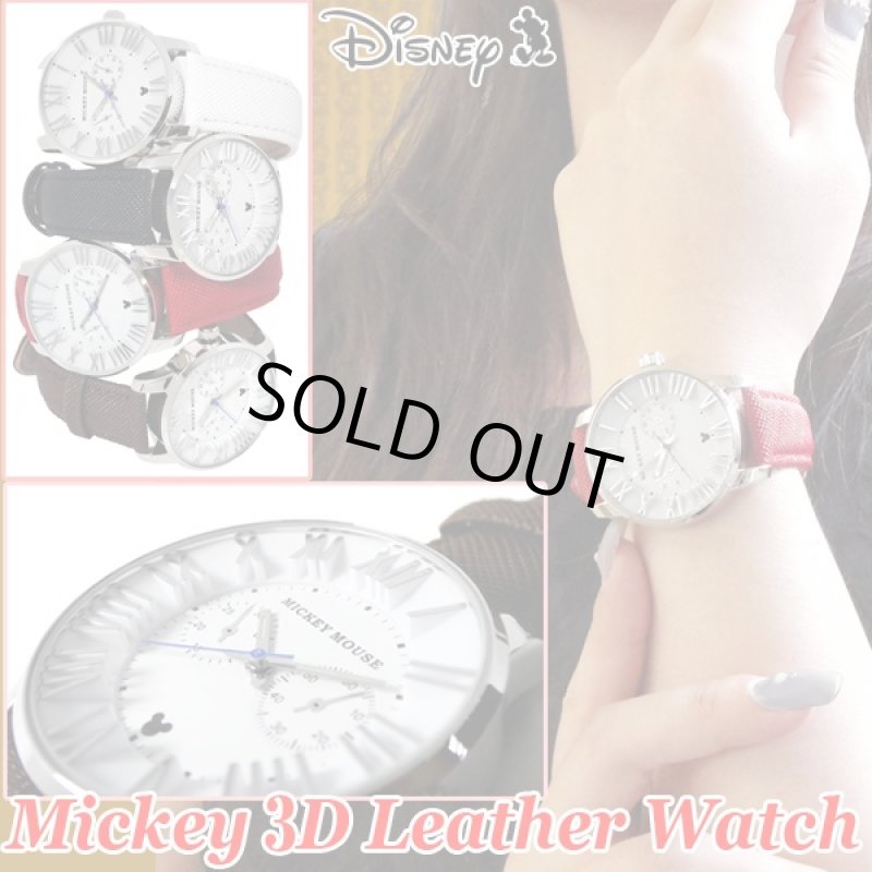 画像1: Disneyミッキー3Dレザーウォッチ(ディズニー,DISNEY,Mickey,男女兼用,本革ベルト,腕時計,レザーベルト,ギフト,ミッキーフェイス) (1)