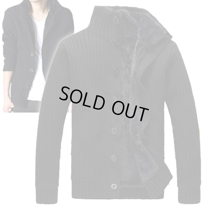 画像2: ケーブル編みライン裏ボアジャケット【ブラック】 (2)