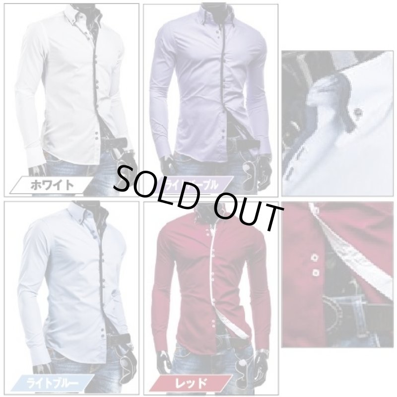 画像2: スタンドアウトカラー・スリム長袖シャツ(メンズ/ポリエステル/コットン/ボタンダウン/配色/イレギュラーボタン） (2)