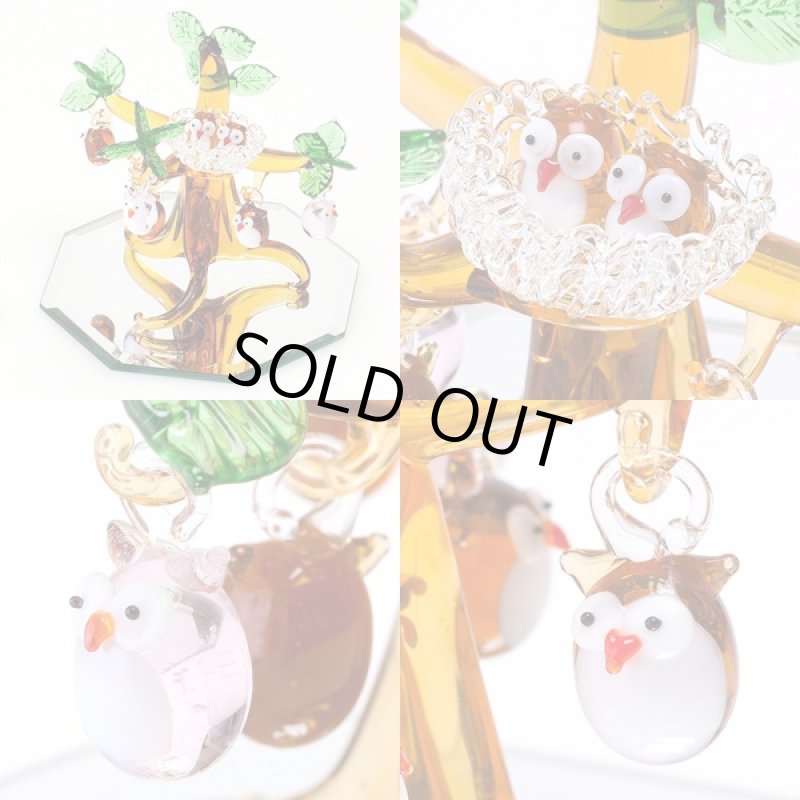 画像2: ガラスの森「フクロウの止まり木」八角ミラーセット (不苦労,ふくろう,風水,開運,幸運,ガラス細工,幸福を呼ぶ巣付のふくろう,オブジェ,インテリア) (2)