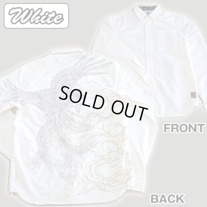 画像2: 絡繰魂「鳳凰刺繍ブロック柄コットンシャツ」(メンズ,長袖,ロングシャツ,和柄,抜き染プリント,綿,刺繍&プリント,からくりだましい) (2)