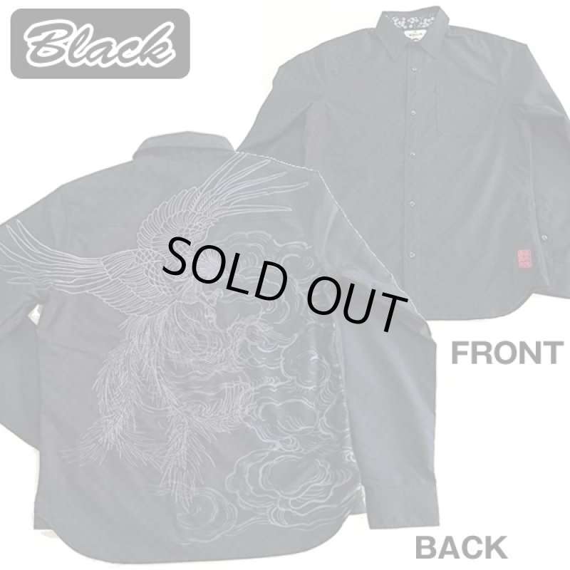 画像4: 絡繰魂「鳳凰刺繍ブロック柄コットンシャツ」(メンズ,長袖,ロングシャツ,和柄,抜き染プリント,綿,刺繍&プリント,からくりだましい) (4)