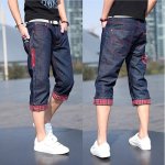 画像2: レッドステッチ仕樣クロップドデニム（メンズ/ハーフパンツ/七分丈/スリム/綿/コットン/Denim/ジーンズ/ロールアップ） (2)