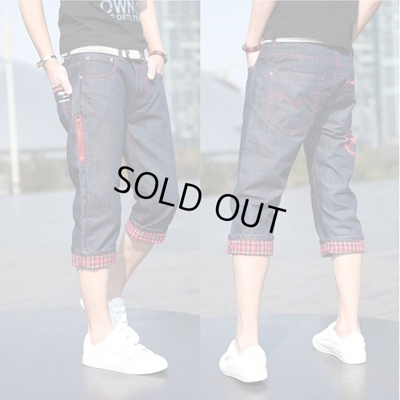 画像2: レッドステッチ仕樣クロップドデニム(メンズ/ハーフパンツ/七分丈/スリム/綿/コットン/Denim/ジーンズ/ロールアップ) (2)