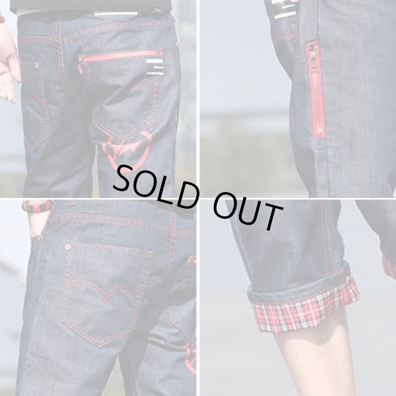 画像3: レッドステッチ仕樣クロップドデニム(メンズ/ハーフパンツ/七分丈/スリム/綿/コットン/Denim/ジーンズ/ロールアップ) (3)