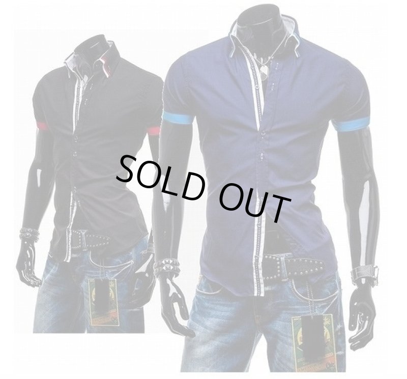 画像5: パイピングアクセントスリムグロスシャツ（メンズ/綿/コットン/ポリエステル/半袖/センターステッチ/アームライン/襟ライン） (5)