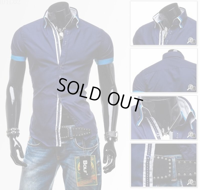 画像6: パイピングアクセントスリムグロスシャツ（メンズ/綿/コットン/ポリエステル/半袖/センターステッチ/アームライン/襟ライン） (6)