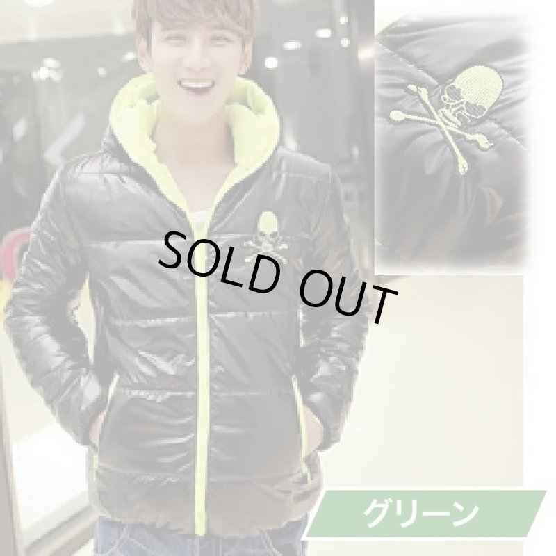 画像3: ビビッドカラー・フェイクダウンジャケット（メンズ/防寒/ライトダウン/フード付き/スカル/ファスナーカラー/ブラック） (3)