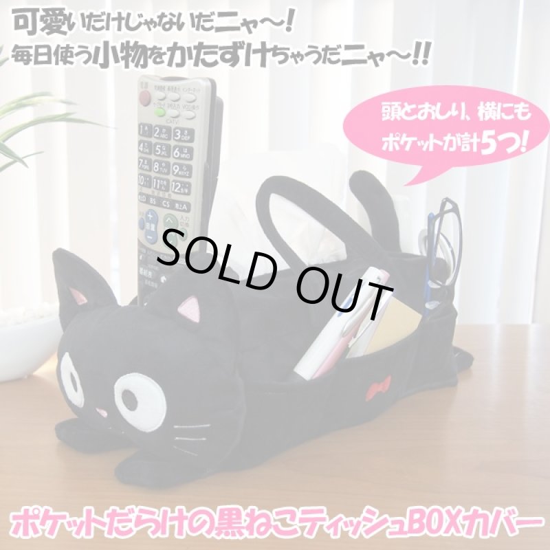 画像1: ポケットだらけの黒ねこティッシュBOXカバー(黒猫,黒ネコ,ティッシュケース,ティッシュカバー,コスメボックス,リモコン,メガネ,持ち運び) (1)