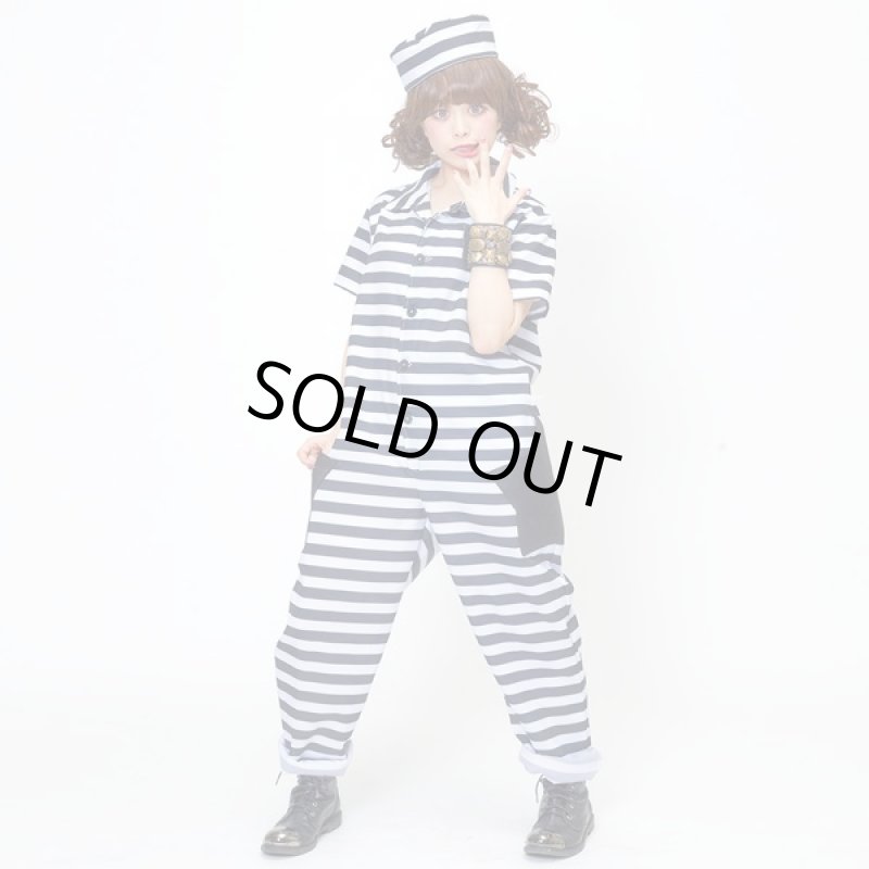 画像3: ハロウィンコスプレ「ポッププリズナー」 (コスチューム,囚人風つなぎ,オールインワン,帽子,パーティー,縞柄,衣装,上下フルセット) (3)