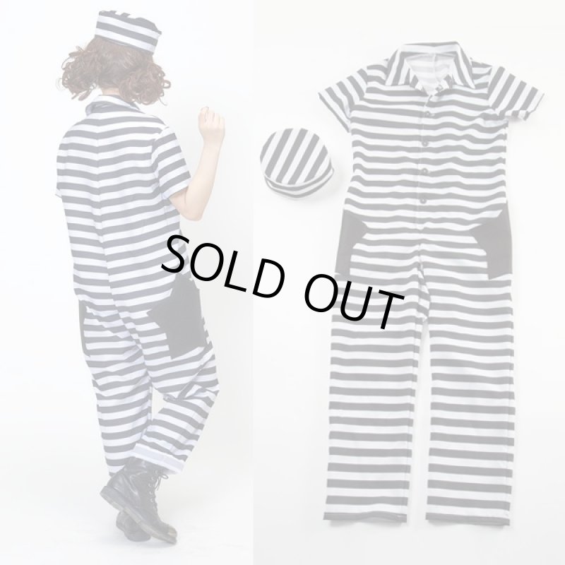 画像4: ハロウィンコスプレ「ポッププリズナー」 (コスチューム,囚人風つなぎ,オールインワン,帽子,パーティー,縞柄,衣装,上下フルセット) (4)