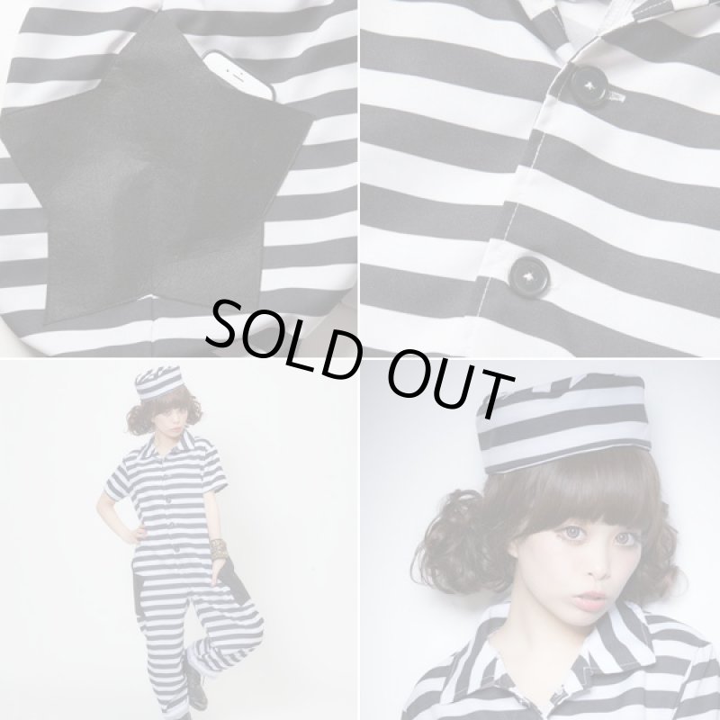 画像5: ハロウィンコスプレ「ポッププリズナー」 (コスチューム,囚人風つなぎ,オールインワン,帽子,パーティー,縞柄,衣装,上下フルセット) (5)