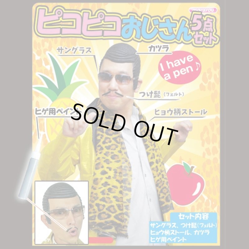 画像1: なりきり「ピコピコおじさん」5点セット(PPAP,コスプレ,仮装,変装,カツラ,ウィッグ,ヒョウ柄ストール,サングラス,つけ髭,ヒゲ用ペイント,忘年会,新年会) (1)