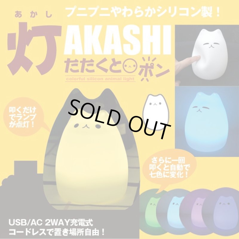 画像1: シリコン製にゃんこ七色LEDライト「灯AKASHI」(USB-AC変換アダプター付)(ネコ型ライト、USB充電) (1)