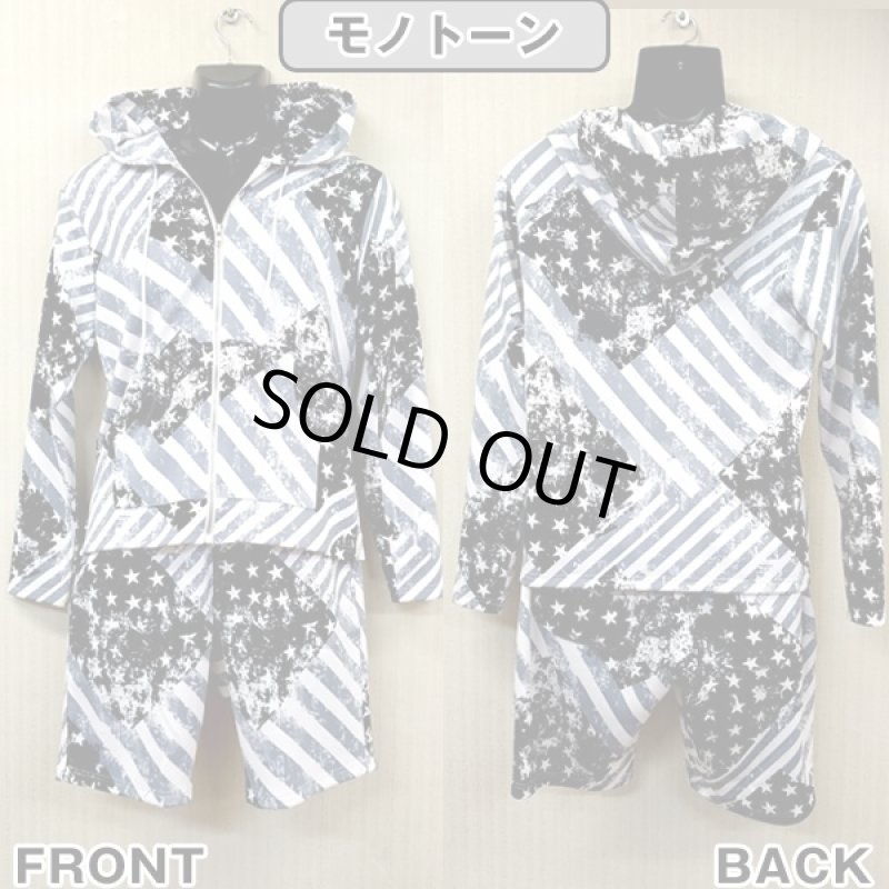 画像2: 星条旗柄ニットジャージセットアップ(上下セット,RINGS,メンズ,サマーセットアップ,ハーフパンツ,長袖,パーカー,アメリカ国旗柄,ストレッチ) (2)