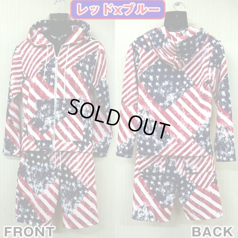 画像3: 星条旗柄ニットジャージセットアップ(上下セット,RINGS,メンズ,サマーセットアップ,ハーフパンツ,長袖,パーカー,アメリカ国旗柄,ストレッチ) (3)