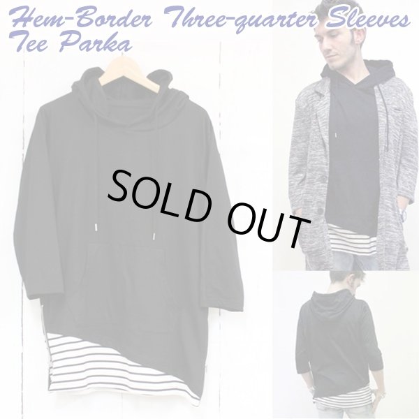 裾ボーダー七分袖teeパーカー メンズ フード付き 切り替えし Tパーカ デザインtシャツ 春夏 フロントポケット Rng