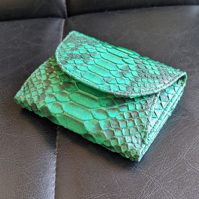 パイソン レザー 折財布 二つ折り 財布 蛇革 グリーン 緑