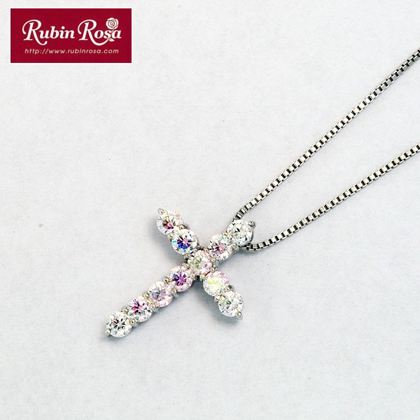 画像1: RubinRosaミスティックキュービックジルコニアネックレス・クロス(オーロラカラー,虹色,プレゼント) (1)