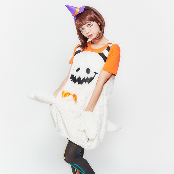 ハロウィンコスプレ「もこもこおばけ」 (ゴースト,ワンピース,カチューシャ,帽子,ポケット,しっぽ,パーティー,レディースハロウィン)JG-3983