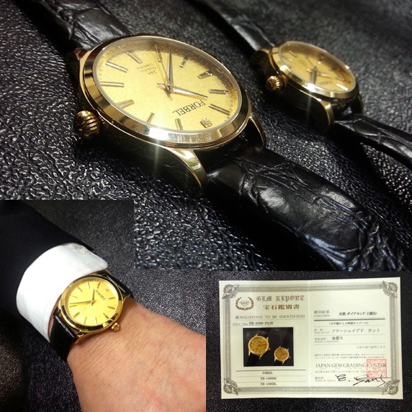 FORBEL K24ダイヤモンドペアウォッチ高級腕時計(男女ペアウォッチ,フォーベル,24金箔仕様,天然ダイヤモンド,本革製ベルト,日本製